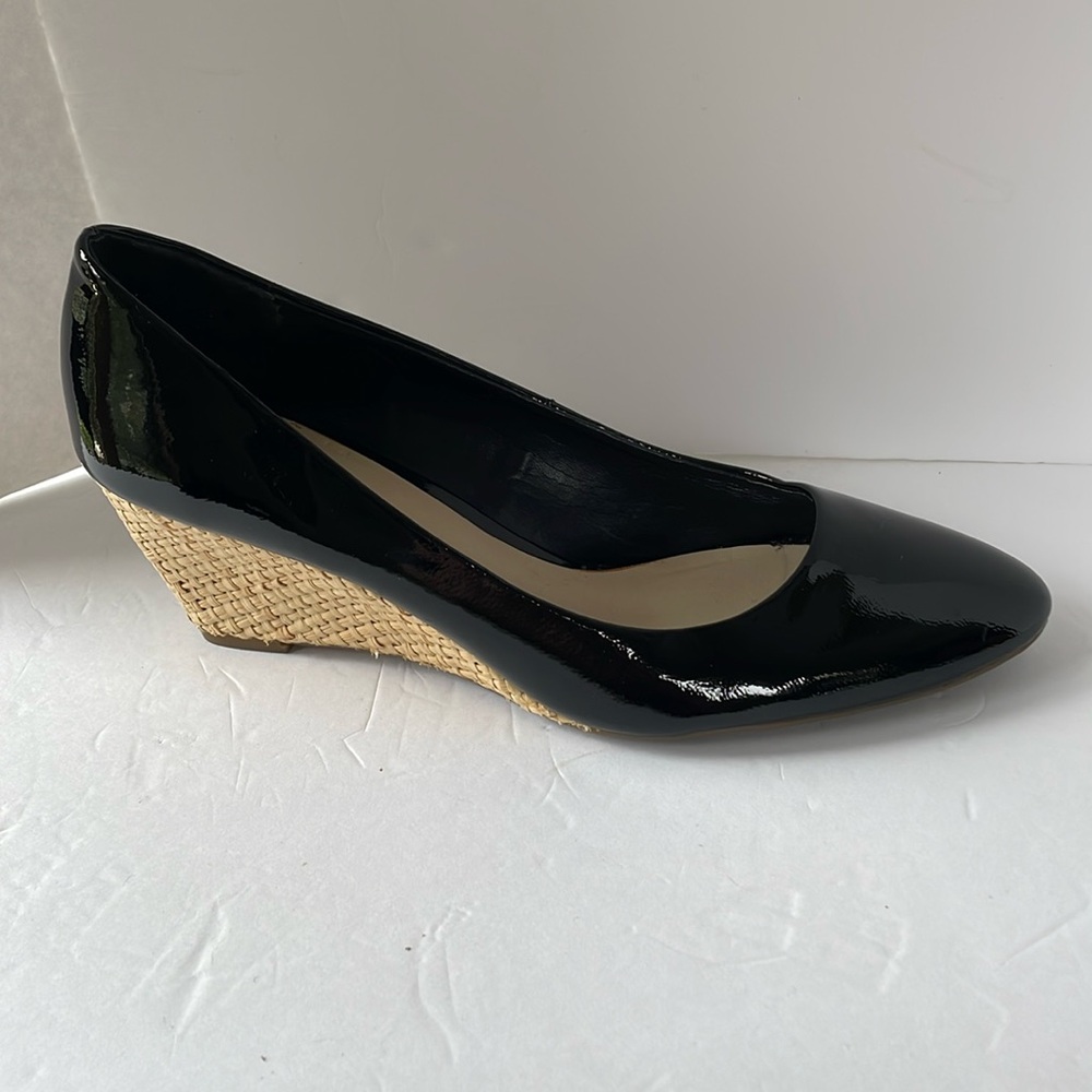 Franco Sarto Black Patent Wedges with Tan Heel